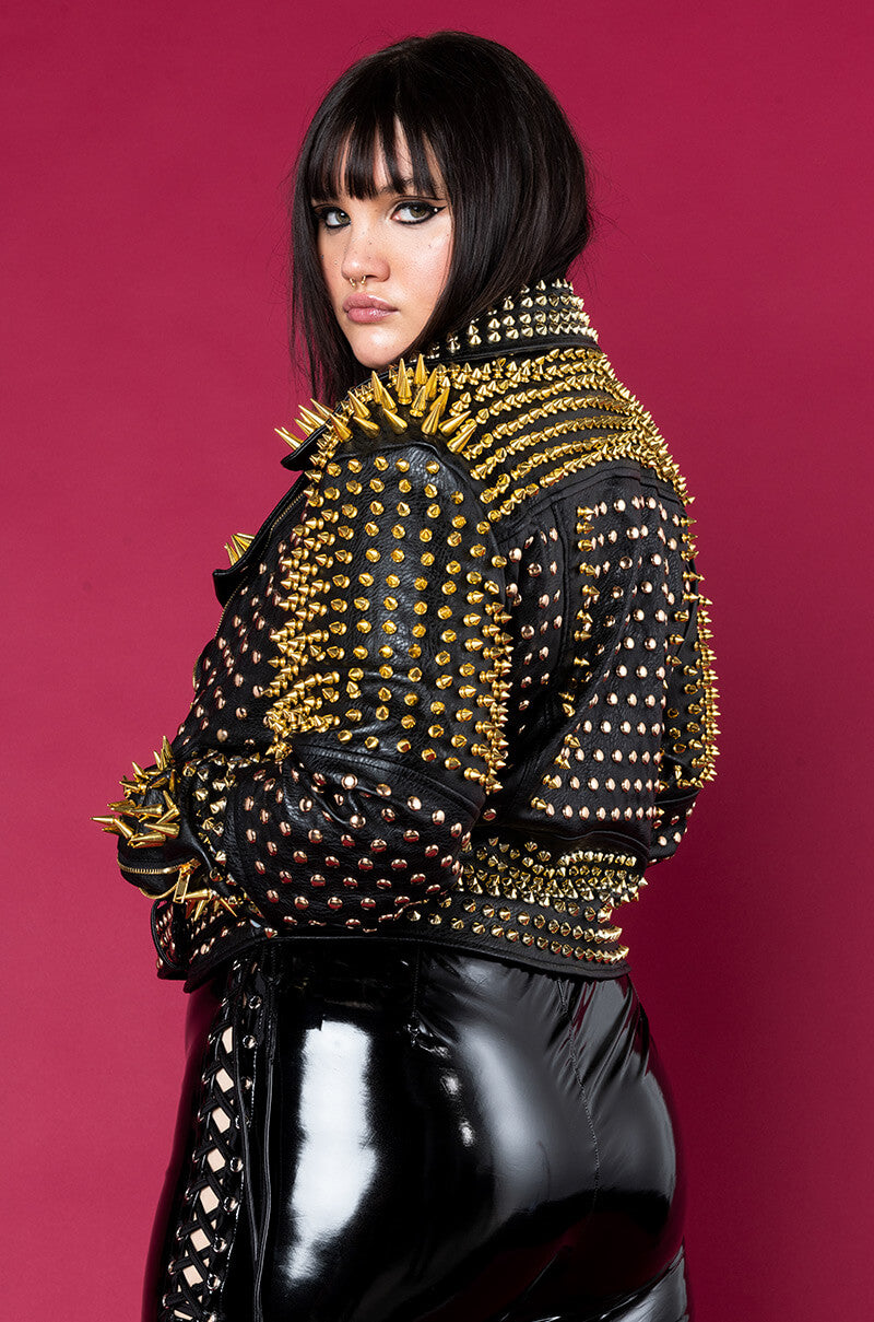 Back View Plus Azalea Wang Lucifer Gold Spike Stud Moto Jacket