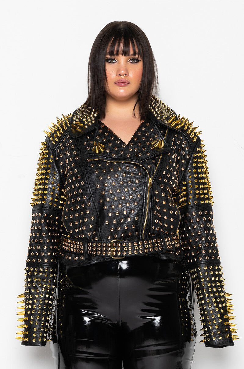 Extra View Plus Azalea Wang Lucifer Gold Spike Stud Moto Jacket