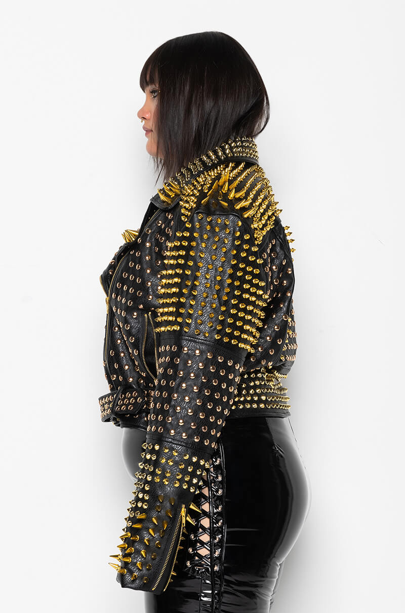 Extra View Plus Azalea Wang Lucifer Gold Spike Stud Moto Jacket