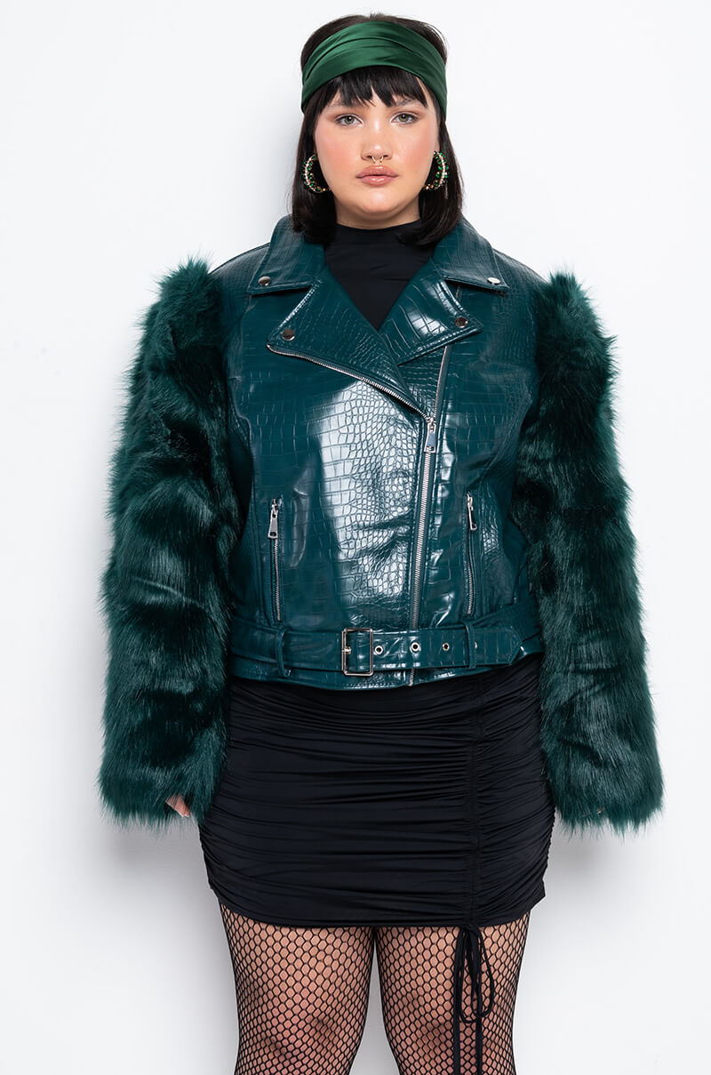 Detail View Plus Azalea Wang Nolla Faux Fur Arms Croc Moto Jacket