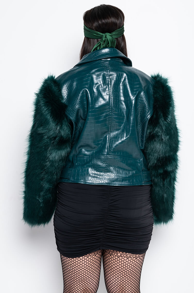Extra View Plus Azalea Wang Nolla Faux Fur Arms Croc Moto Jacket