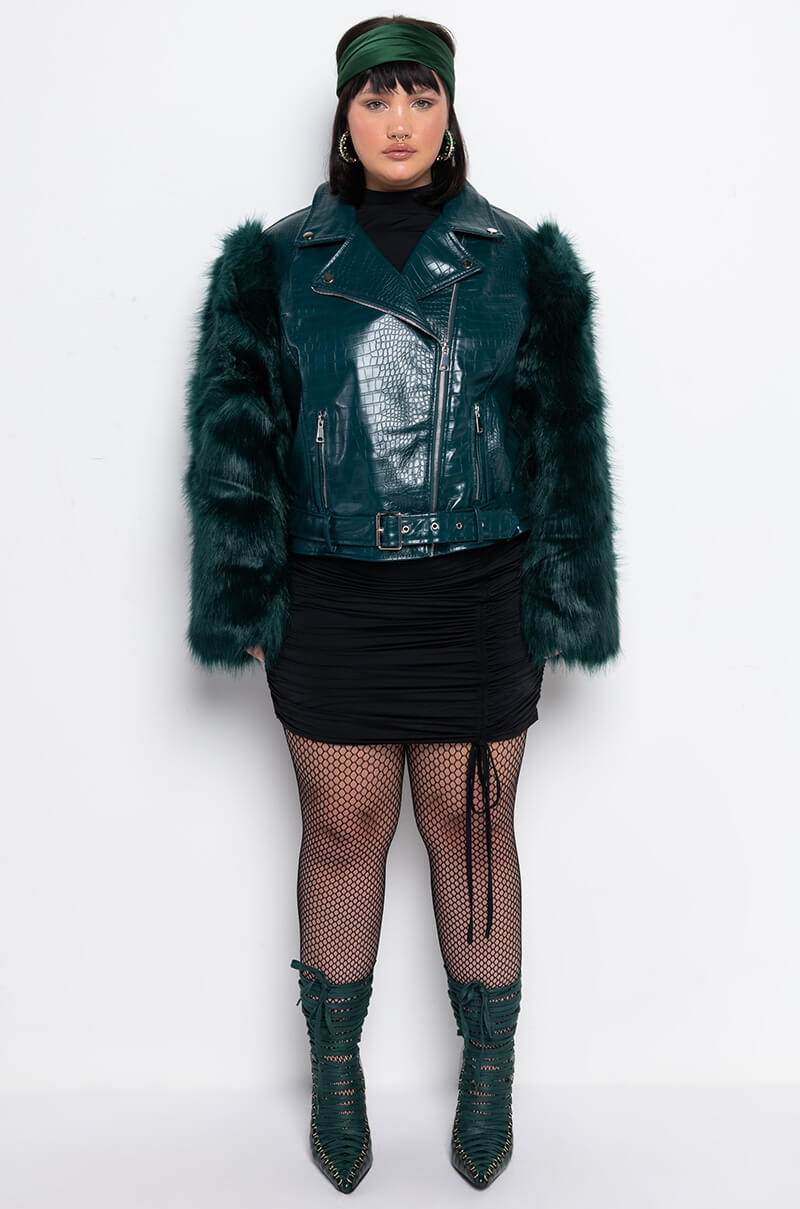 Extra View Plus Azalea Wang Nolla Faux Fur Arms Croc Moto Jacket