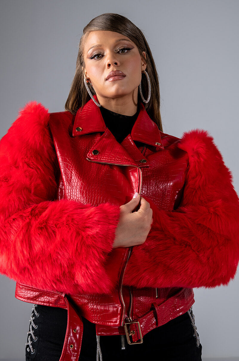Front View Plus Azalea Wang Nolla Faux Fur Arms Croc Moto Jacket