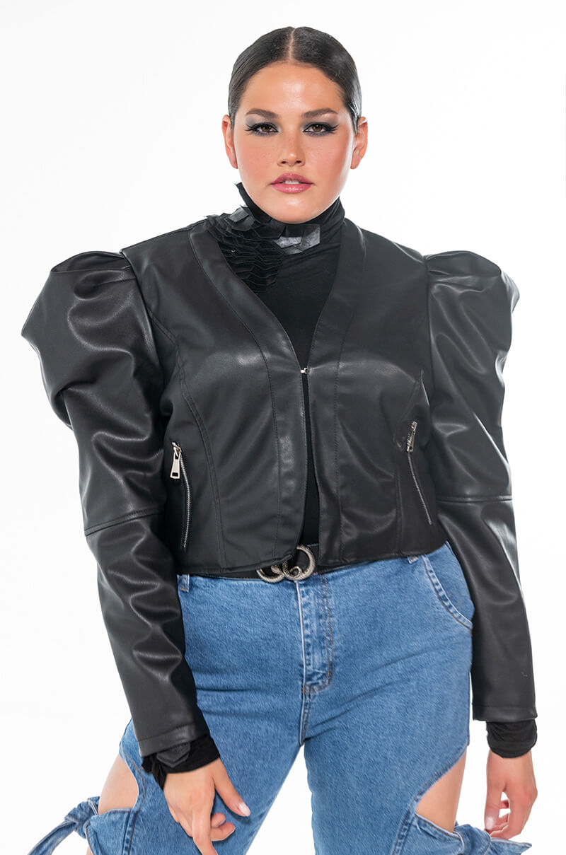 Front View Plus Azalea Wang Puff Sleeve Moto Blazer