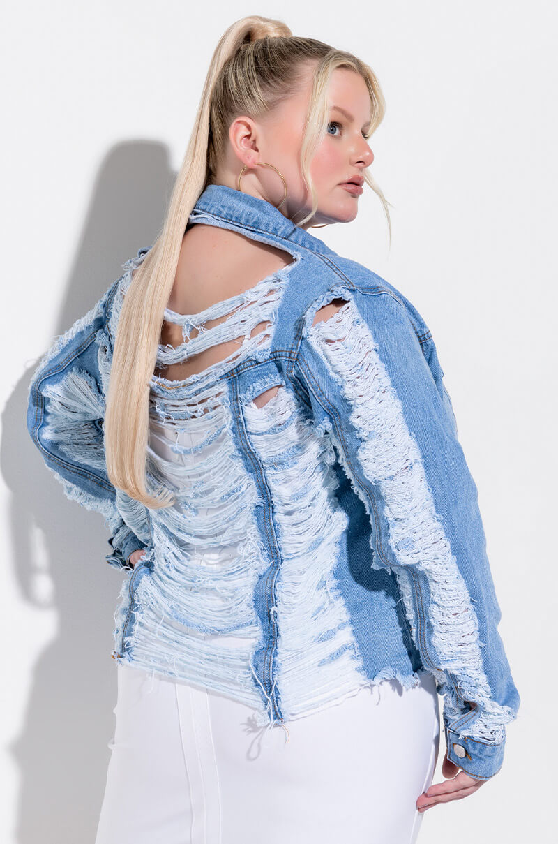 Front View Plus Azalea Wang Ultra Distressed Crop Denim Jacket