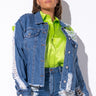 Front View Plus Azalea Wang Ultra Distressed Crop Denim Jacket in Medium Blue Denim