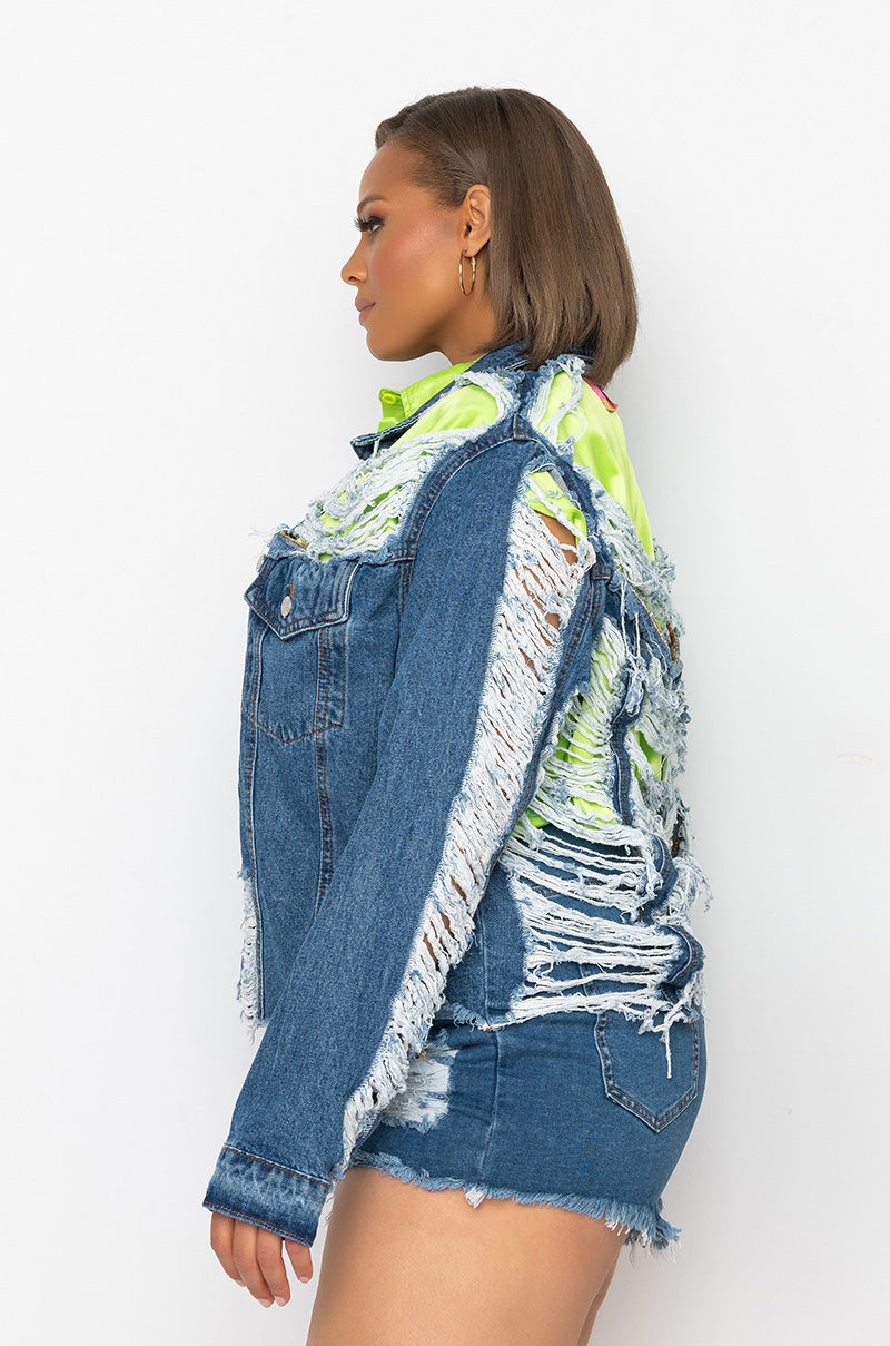 Side View Plus Azalea Wang Ultra Distressed Crop Denim Jacket in Medium Blue Denim