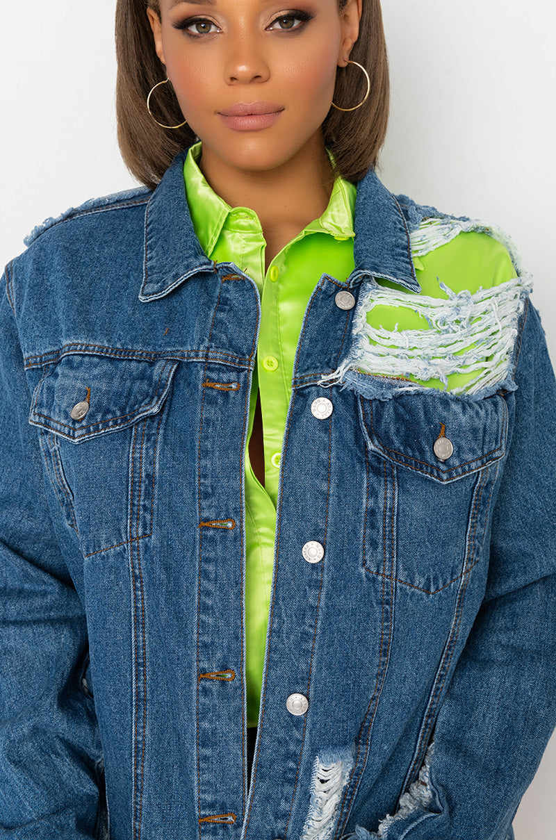 Full View Plus Azalea Wang Ultra Distressed Crop Denim Jacket in Medium Blue Denim