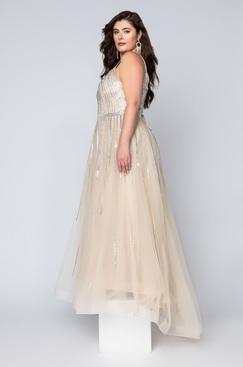 Detail View Plus Black Label In The Mood For Glam Drippin Stones Maxi Gown in Silver