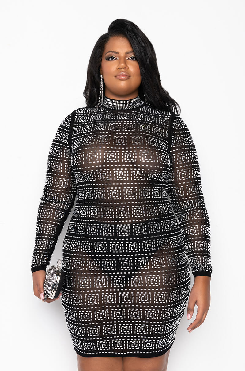 PLUS CLASSY MOCK NECK RHINESTONE MESH DRESS AKIRA PLUS CLASSY MOCK NECK RHINESTONE MESH DRESS AKIRA