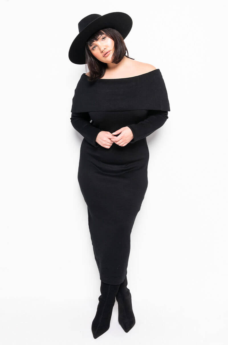 PLUS COZY AF OFF THE SHOULDER MIDI SWEATER DRESS BLACK view 0