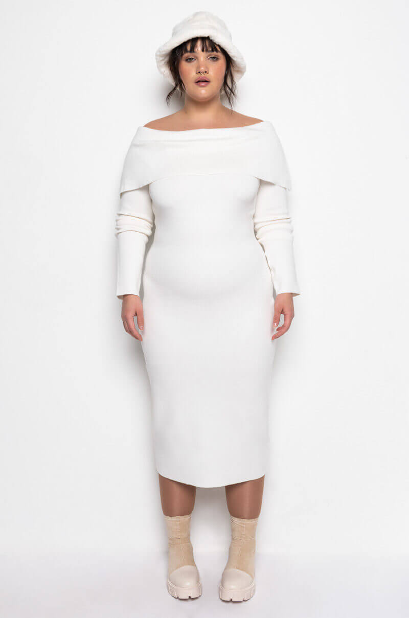PLUS COZY AF OFF THE SHOULDER MIDI SWEATER DRESS IVORY AKIRA PLUS COZY AF OFF THE SHOULDER MIDI SWEATER DRESS IVORY AKIRA