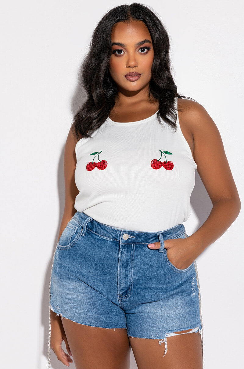 Back View Plus Dont Stop Me High Rise Rhinestone Stripe Denim Shorts