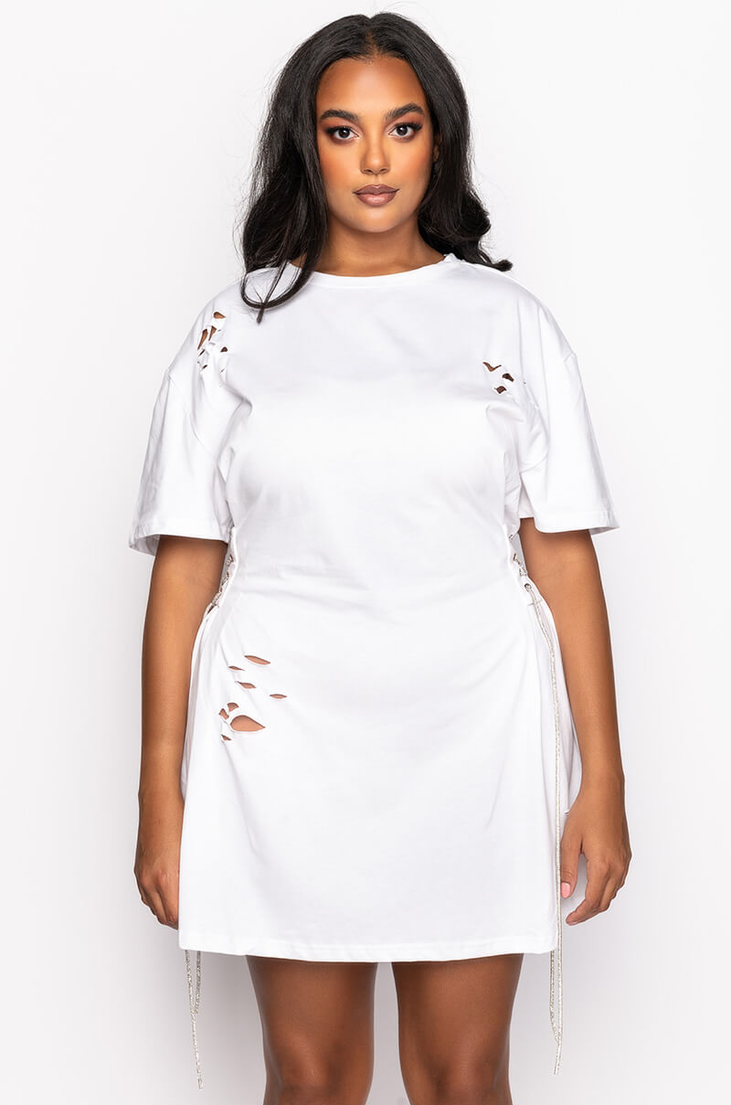 Back View Plus Lace Up Rhinestone T Shirt Dress