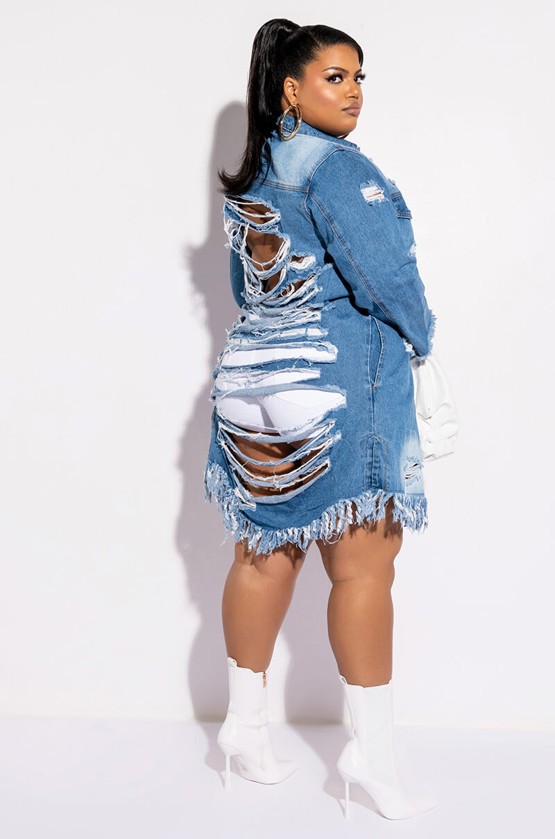 Detail View Plus Long Denim Jacket With Distressing