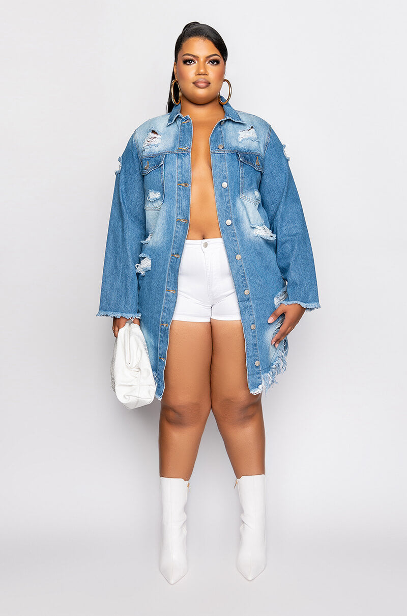 Extra View Plus Long Denim Jacket With Distressing