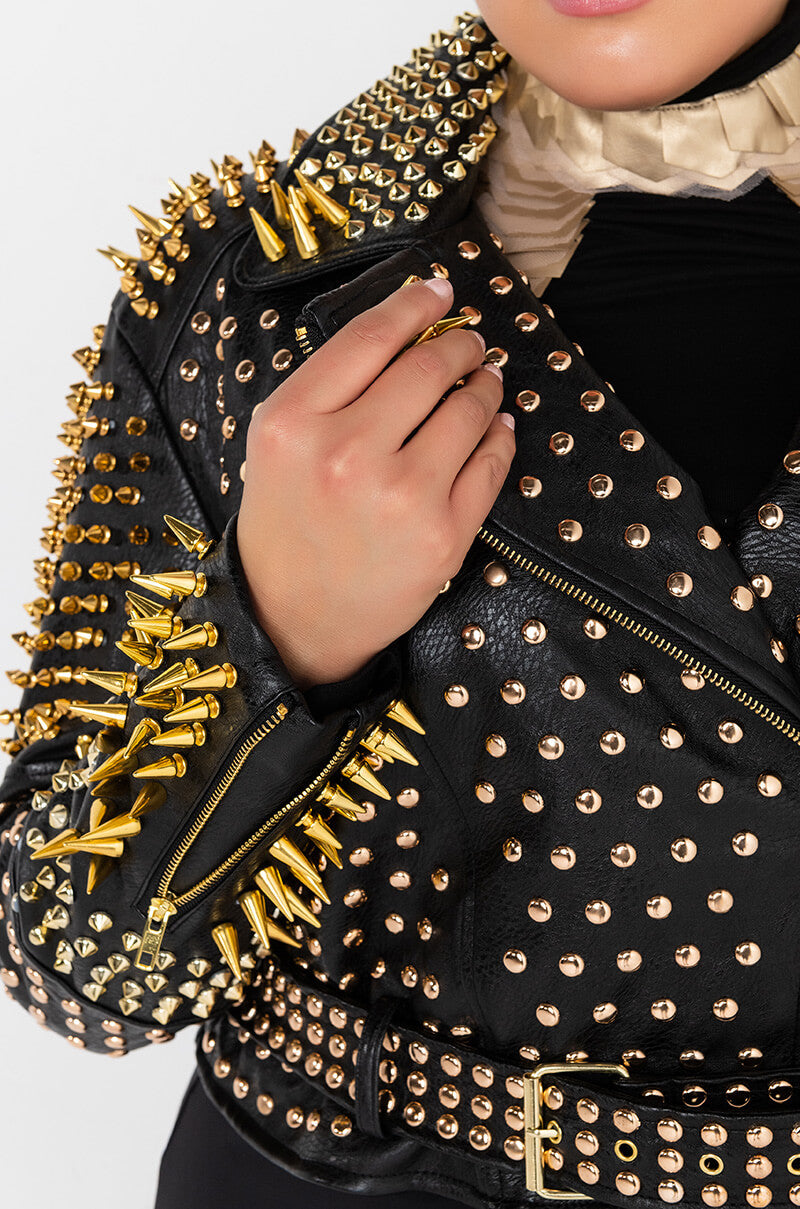 Full View Plus Lucifer Gold Spike Stud Moto Jacket