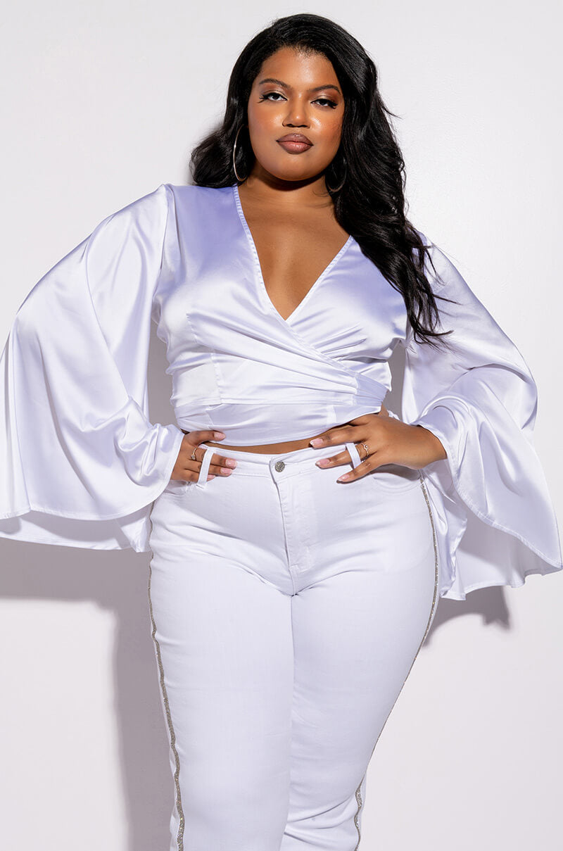 PLUS MAKIN MOVES TIE FRONT BUTTERFLY SLEEVE CROP SATIN BLOUSE view 0