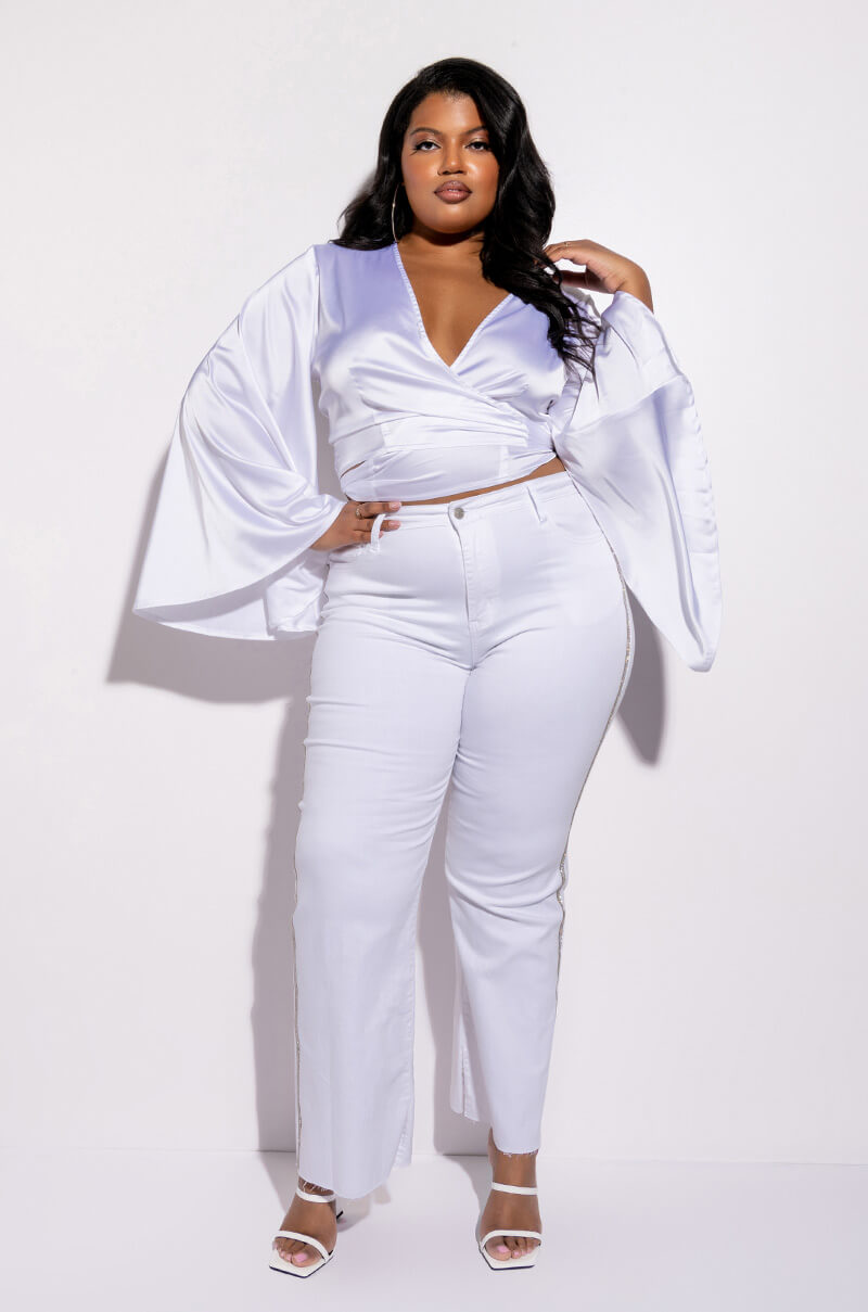 Back View Plus Makin Moves Tie Front Butterfly Sleeve Crop Satin Blouse