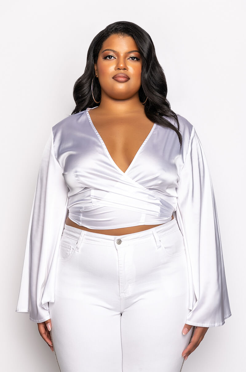 Detail View Plus Makin Moves Tie Front Butterfly Sleeve Crop Satin Blouse