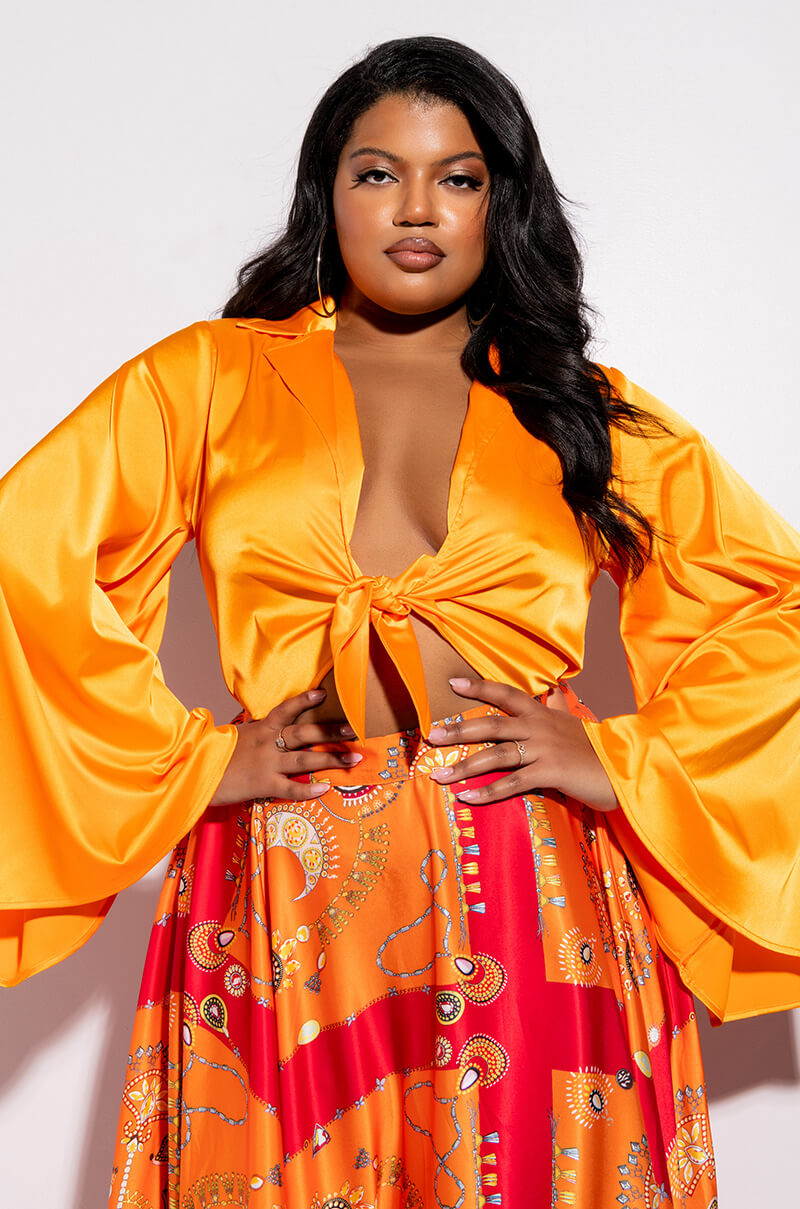 Front View Plus Mariposa Tie Front Butterfly Sleeve Satin Bodysuit