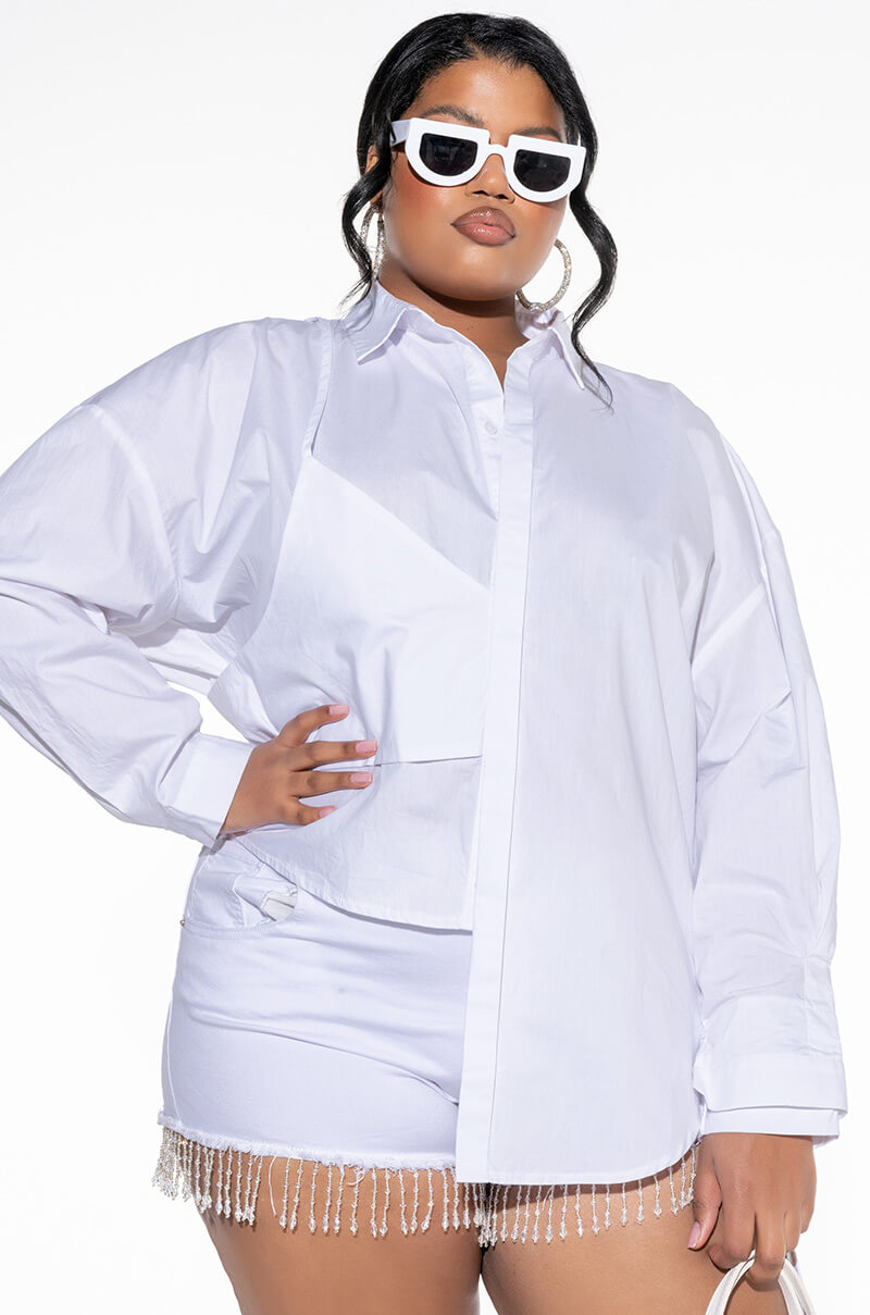 Front View Plus Meta Layered Look Asymmetrical Poplin Blouse
