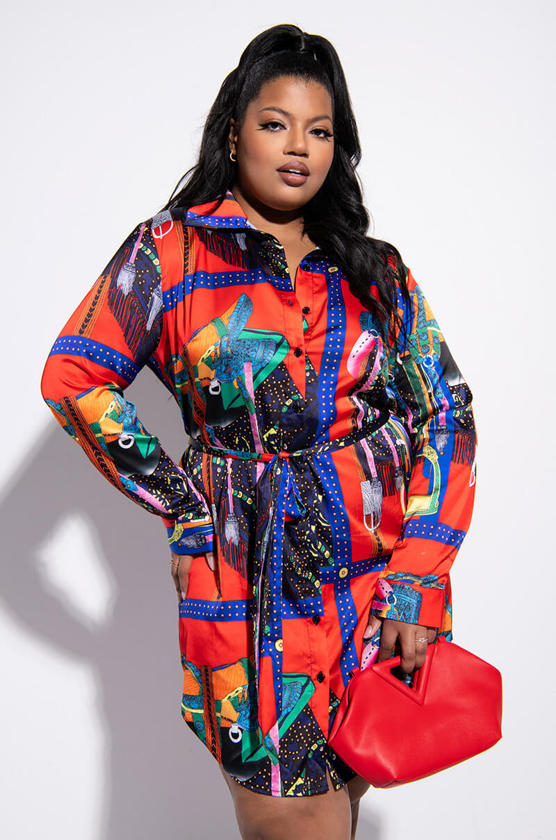 Front View Plus Move Along Satin Scarf Print Mini Dress