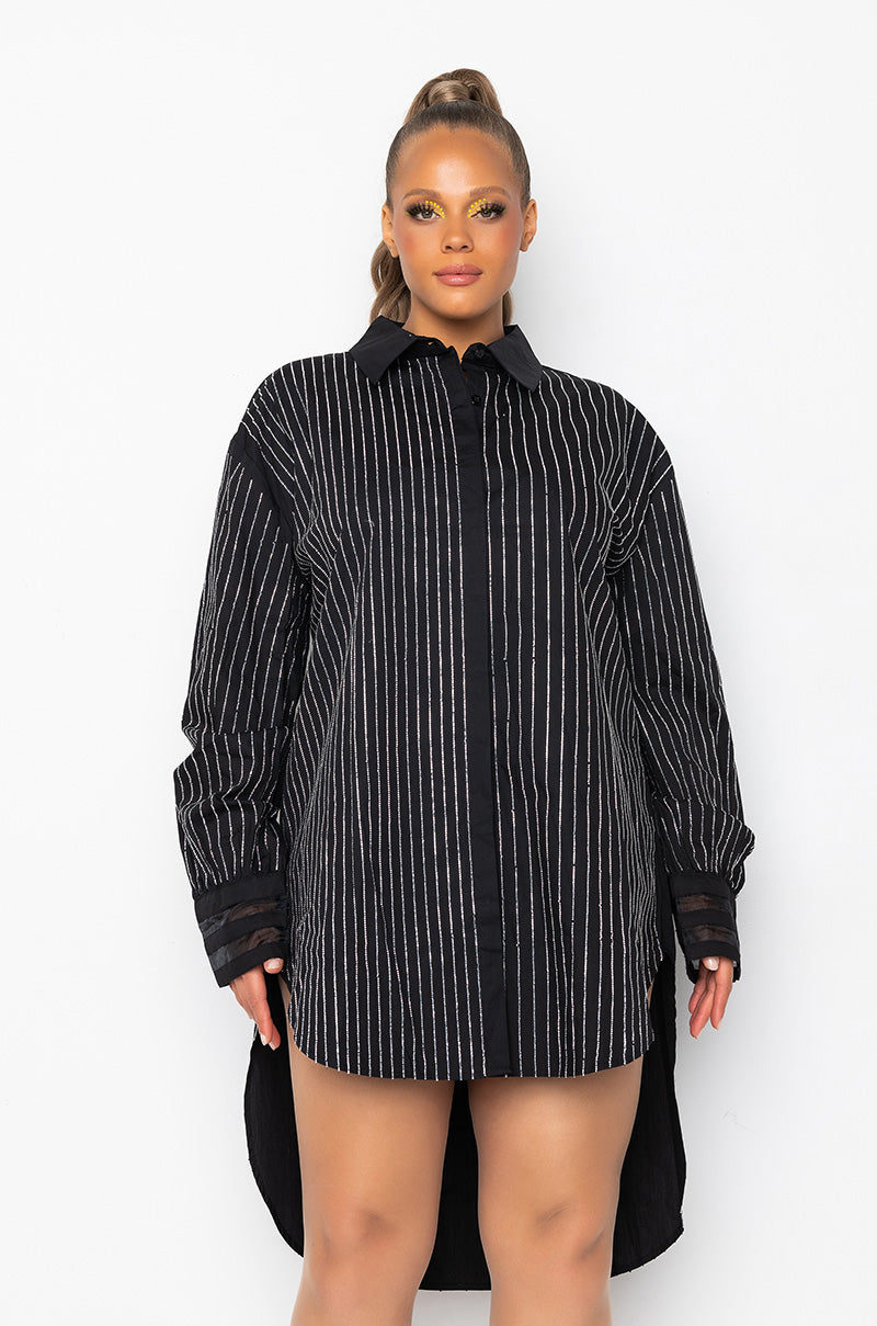 Front View Plus No Basic Days Button Up Dress With Rhinestone Detail