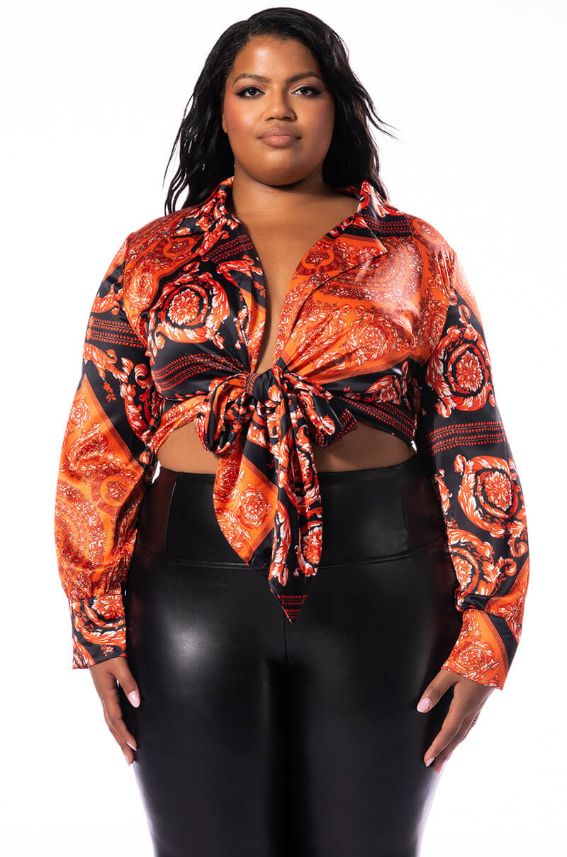 Back View Plus No Letting Go Tie Front Satin Blouse