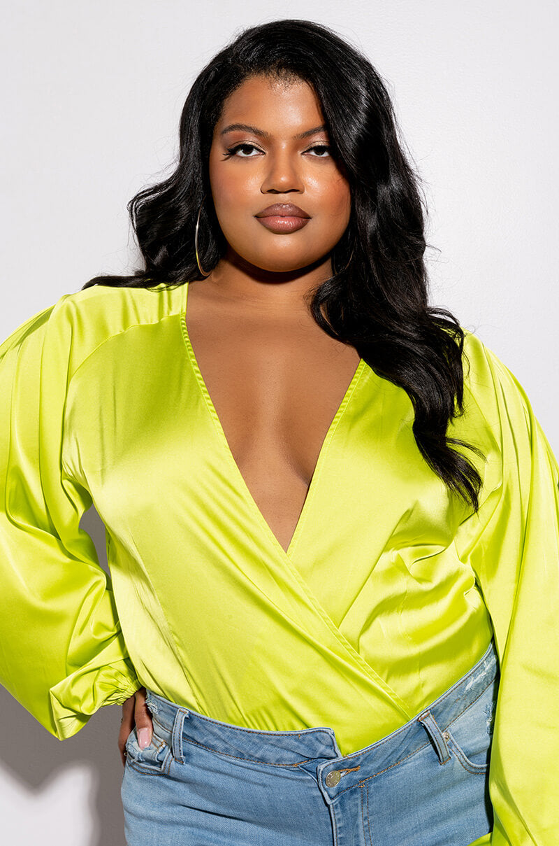 Front View Plus No Pictures Please Wrap Front Long Sleeve Satin Bodysuit