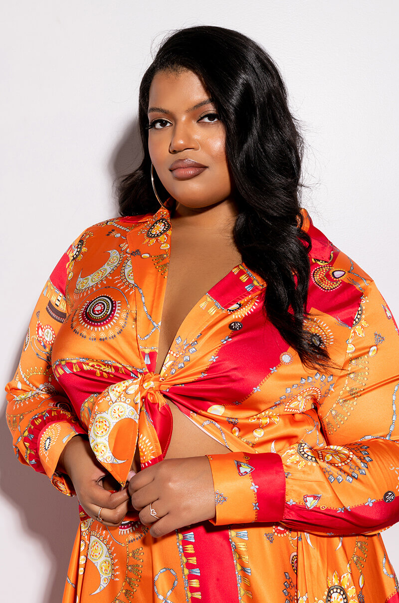Front View Plus Places To Be Tie Front Satin Bodysuit