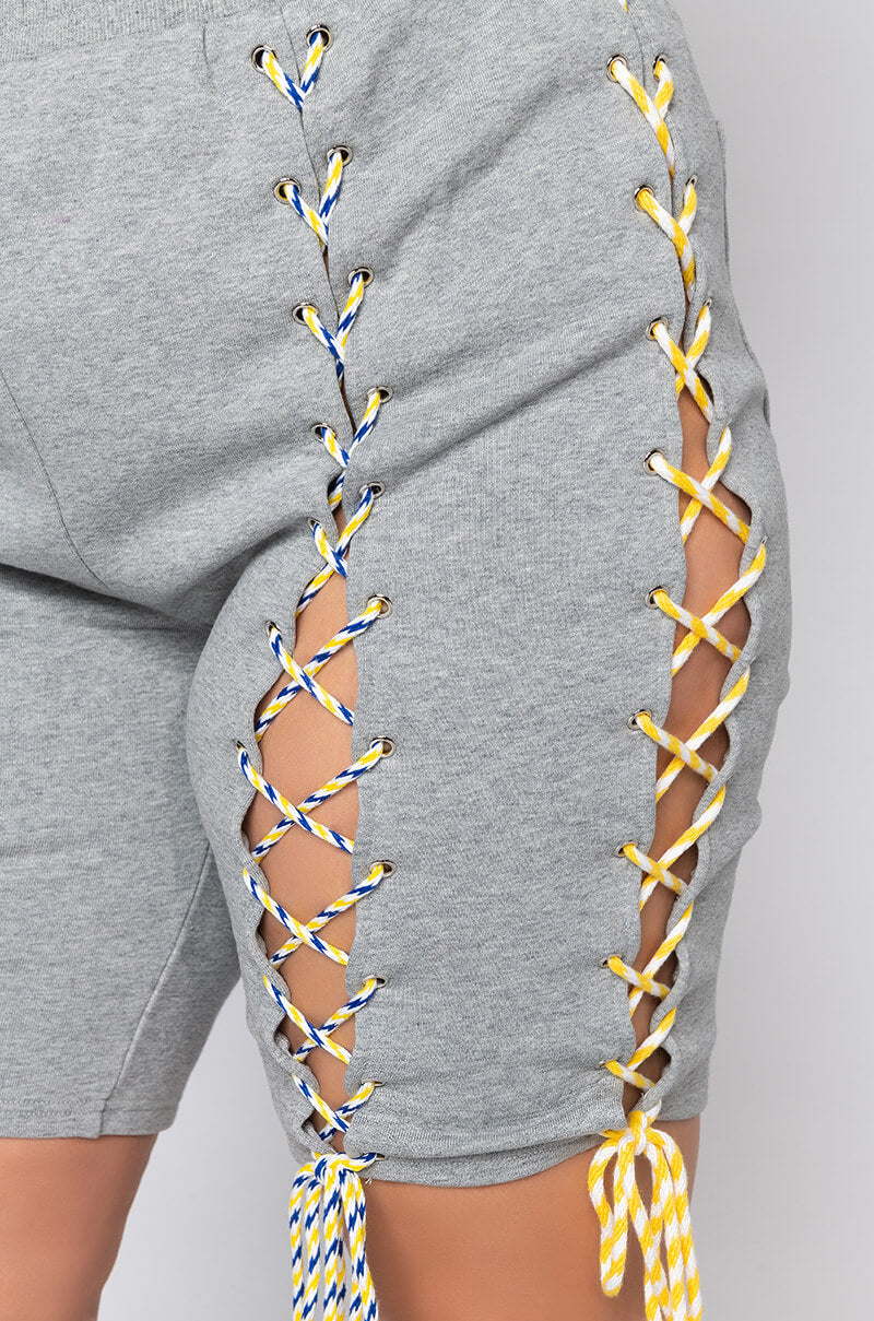 Detail View Plus Ready When You Are Lace Up Biker Short in Heather Grey