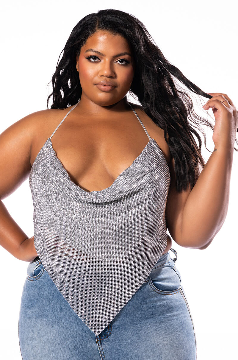 Front View Plus Riri Cowl Neck Rhinestone Bralette