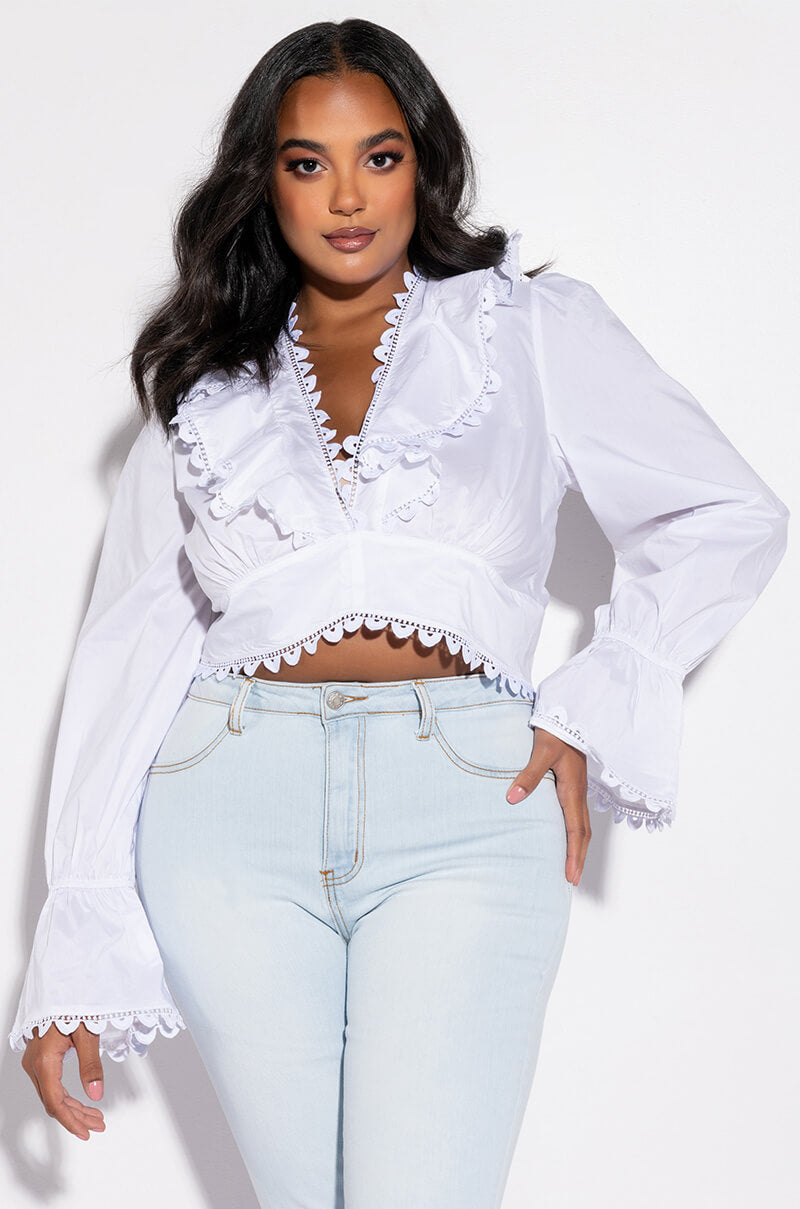 Front View Plus Sailor Chic Lace Up Back Cropped Blouse