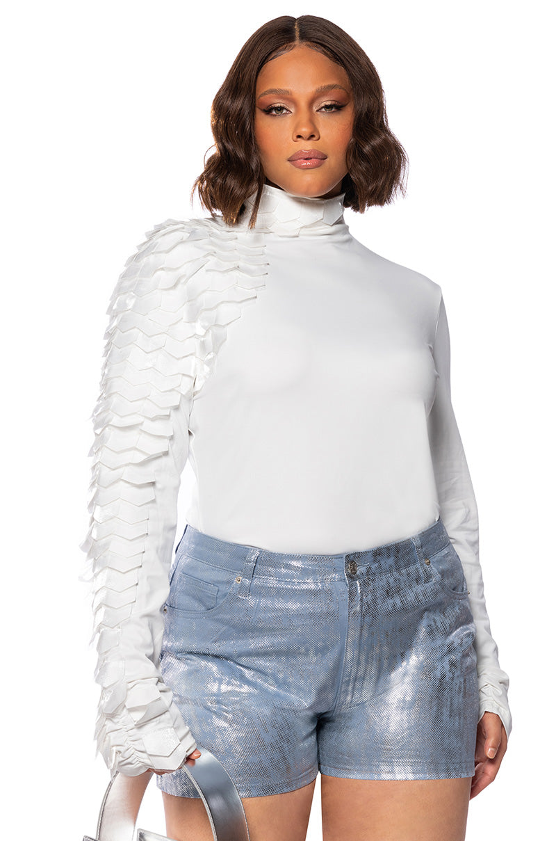 Front View Plus Skip A Beat Long Sleeve Mock Neck Organza Scale Top