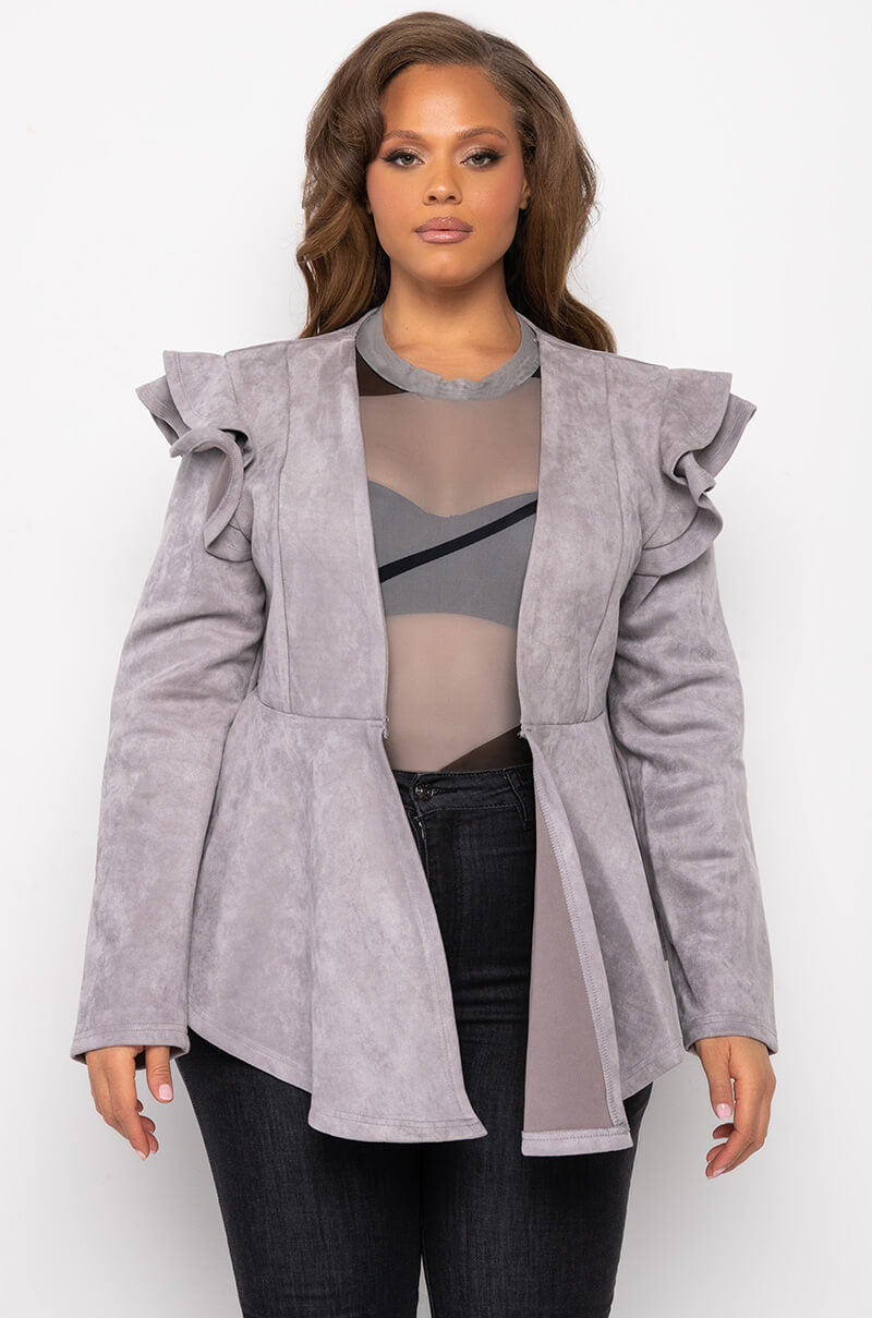 Back View Plus Suede Ruffle Blazer