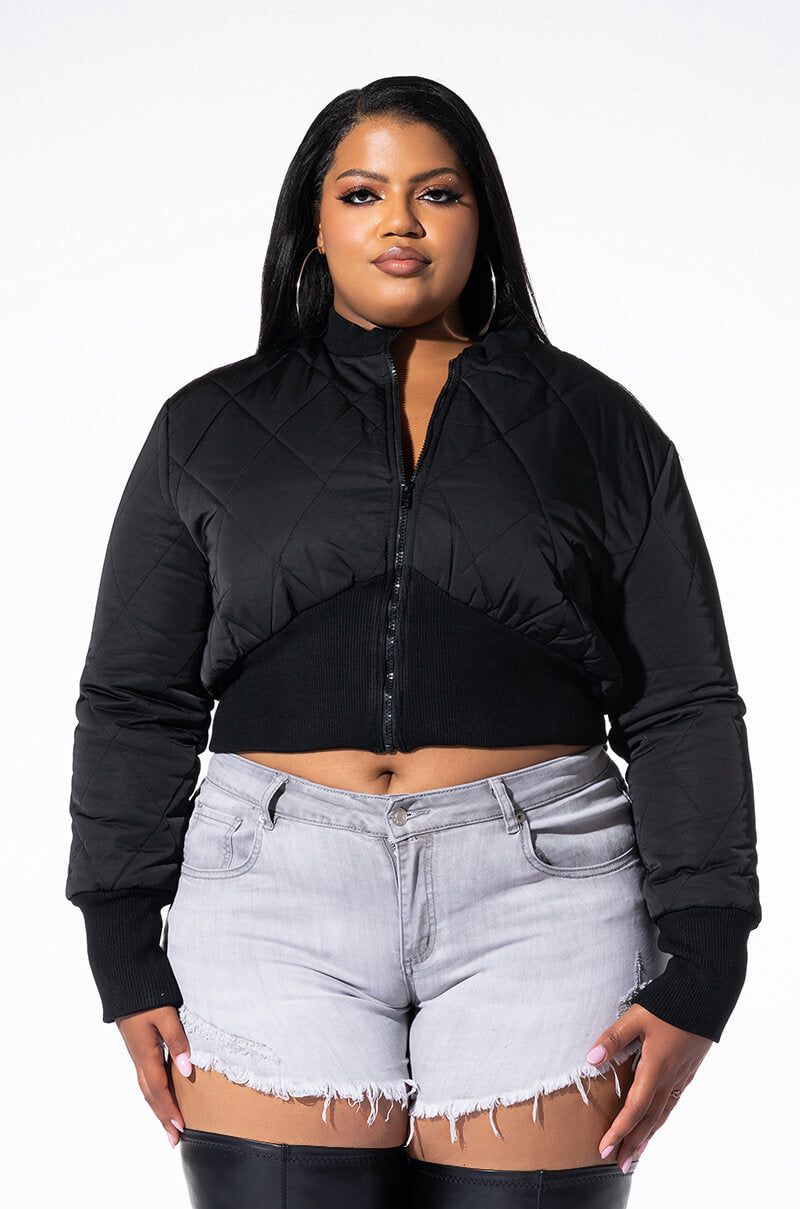Detail View Plus That Girl Fitted Quilted Bomber Jacket With Rib Bodice