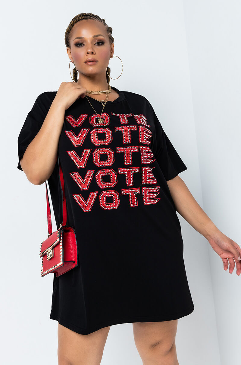 PLUS VOTE VOTE VOTE RHINESTONE T-SHIRT DRESS BLACK
