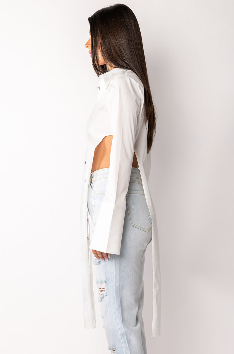 Detail View Pointed High Slit Long Sleeve Blouse