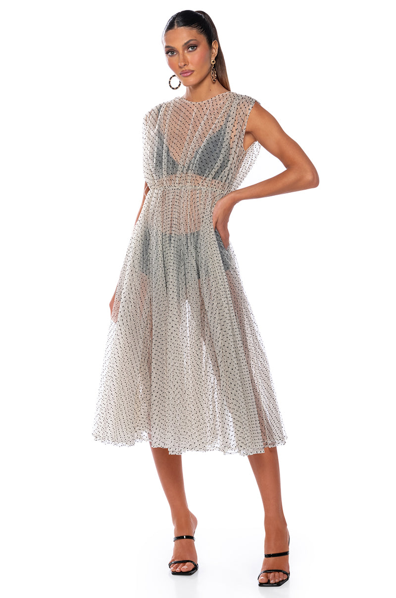 Front View Polka Dot See Through Midi Dress