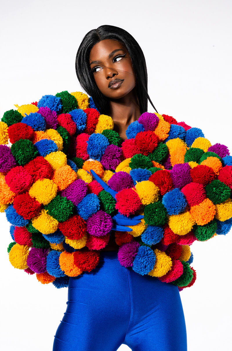 Front View Pom Pom Colorful Cardigan