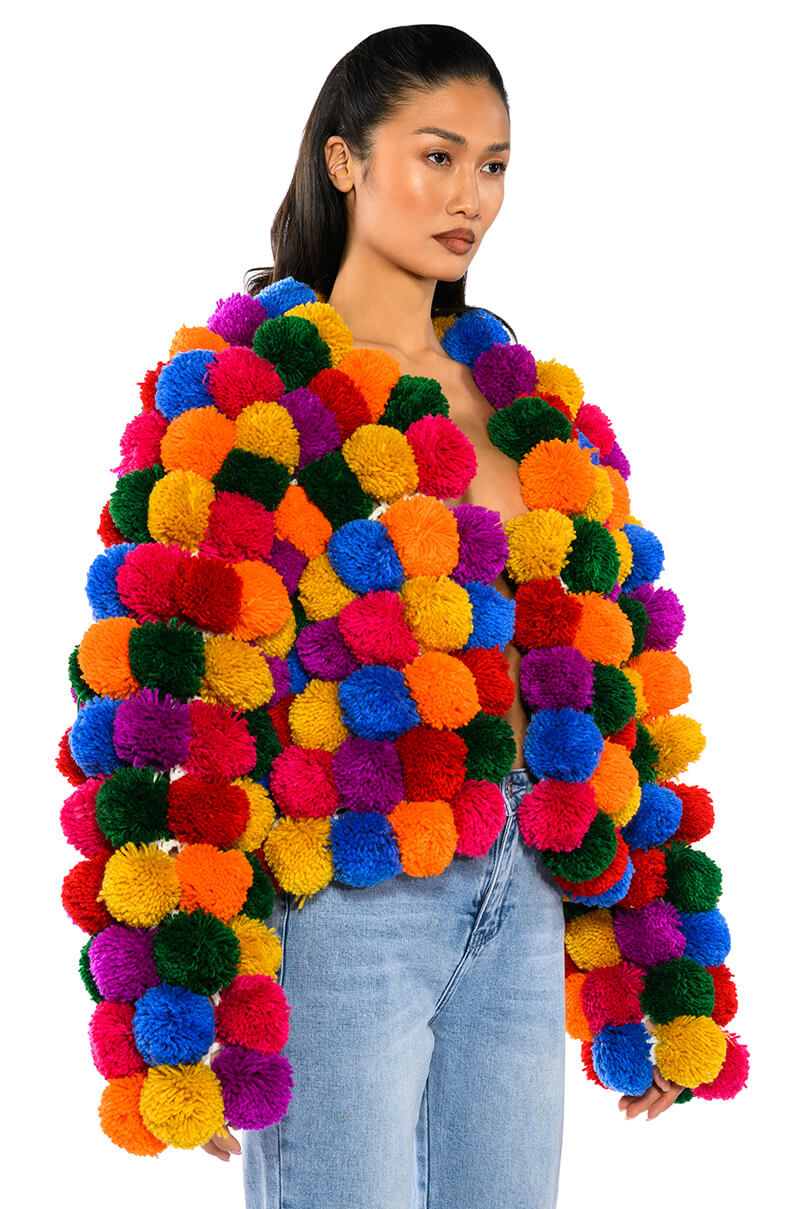 Side View Pom Pom Colorful Cardigan