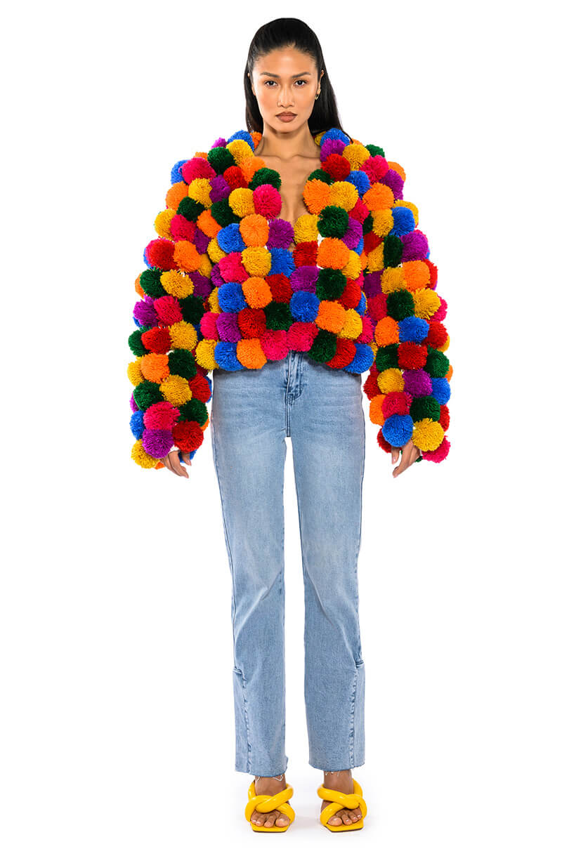 Back View Pom Pom Colorful Cardigan