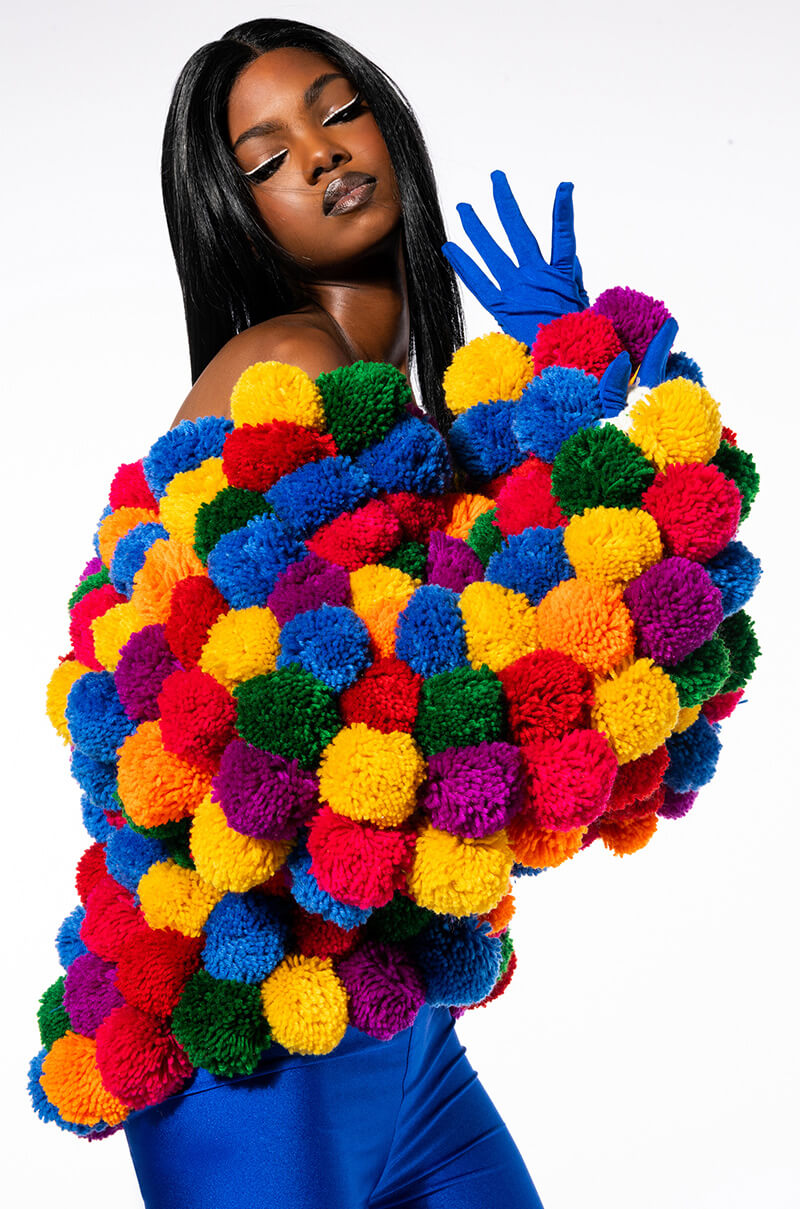 Back View Pom Pom Colorful Cardigan