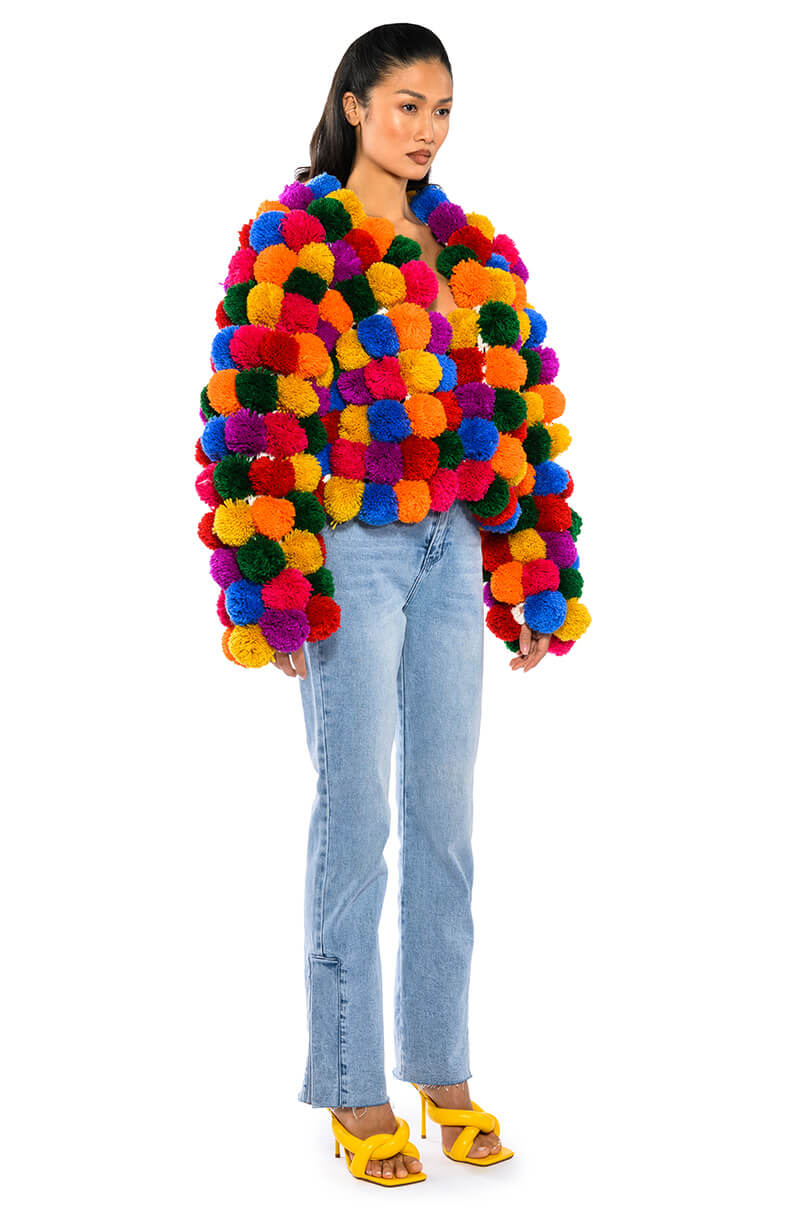 Detail View Pom Pom Colorful Cardigan