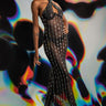 Front View Pop Out Rhinestone Mesh Maxi Dress With Gems