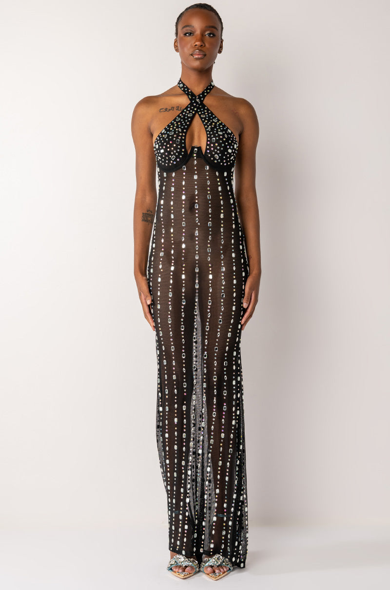 black crystal embellished mesh maxi dress Ronit Black Semi-Sheer Mesh Maxi Dress, M / Black