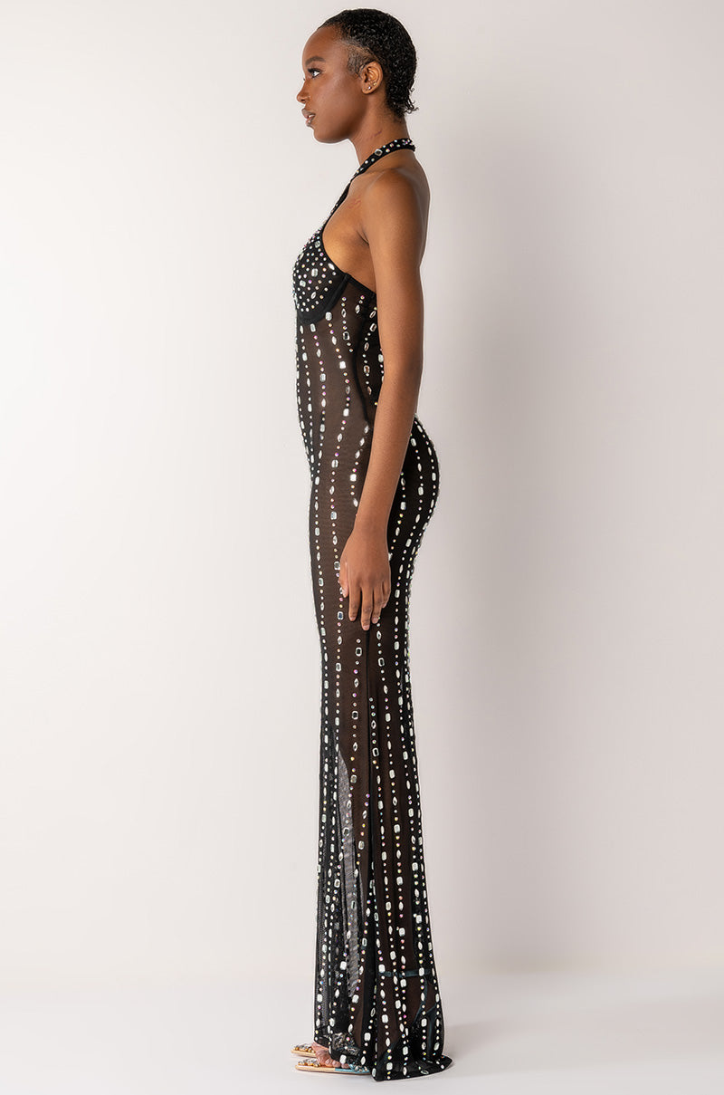 Full View Pop Out Rhinestone Mesh Maxi Dress With Gems 4