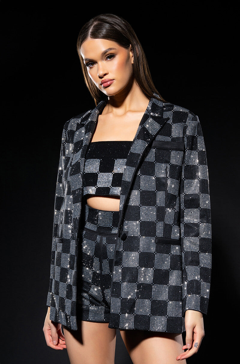 Front View Pop Star Checkered Rhinestone Blazer