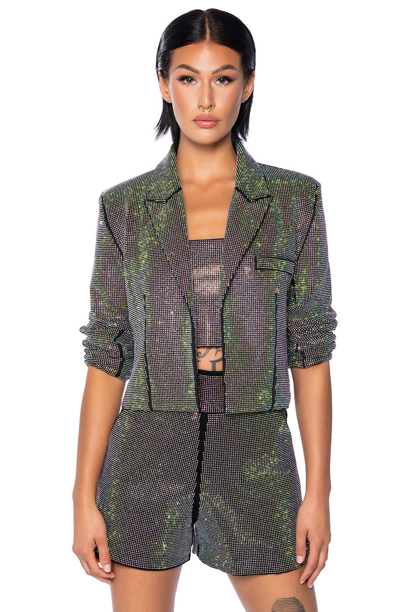 Front View Pop Star Hot Fix Rhinestone Crop Blazer In Black